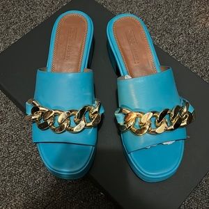 ASOS Design premium leather Blue Flatform Platform Chunky Chain Detail Sandals